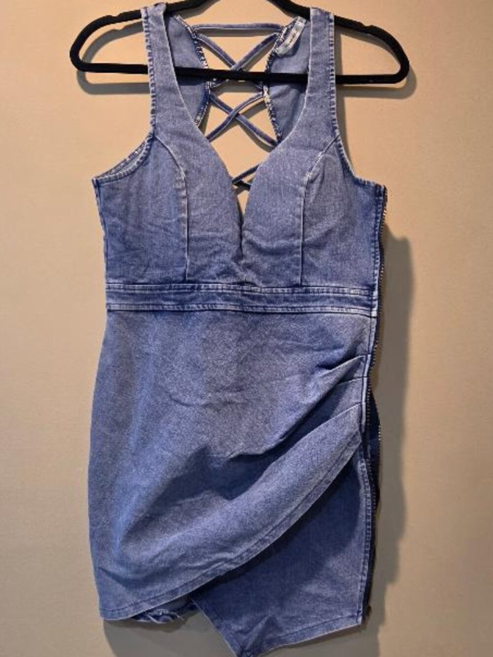 Hello Molly Acid Wash Denim Halter Mini Dress Lace Up Back & Asymmetric Skirt
